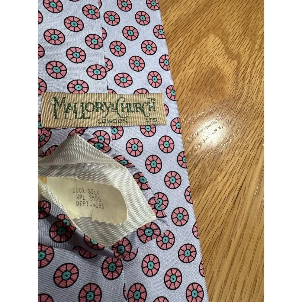 Vintage Mallory & Church Pure Silk Tie Lavender Red Gometric Medallion‎ Pattern